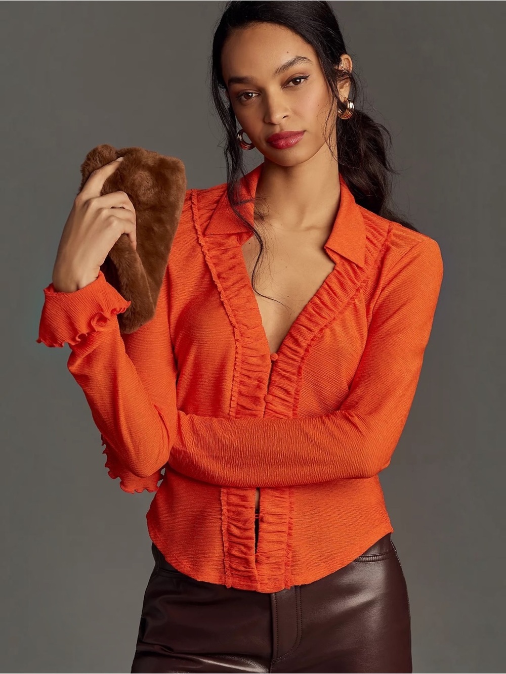 Anthropologie Long-Sleeve Textured Buttondown Top in Orange Size Medium